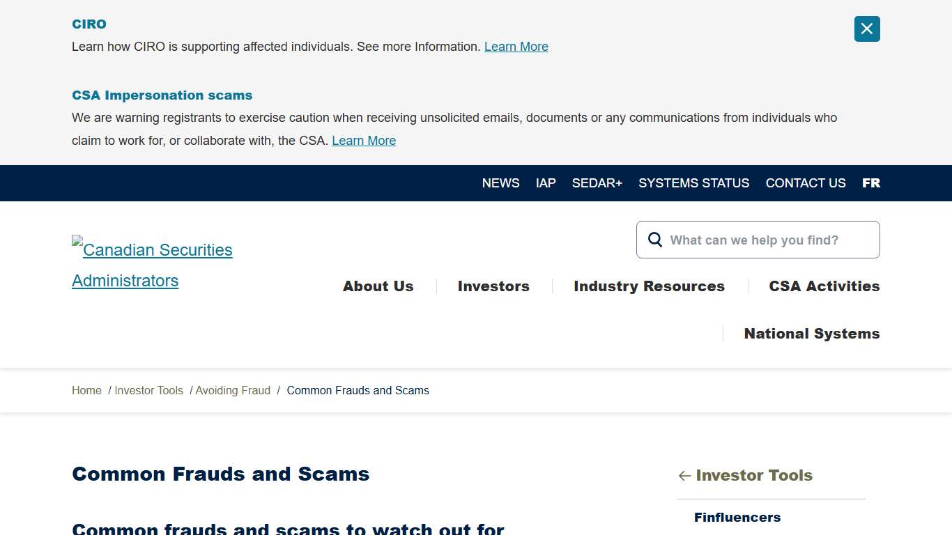 Common Frauds and Scams - Canadian Securities Administrators